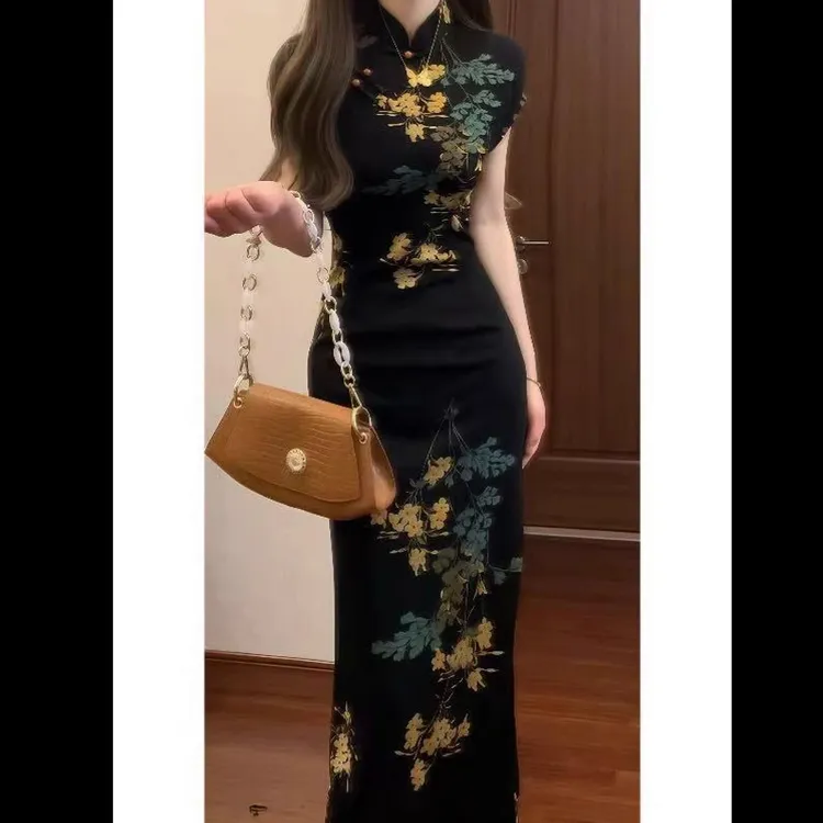 新中式黑色印花旗袍复古长款夏季气质高级感港风修身复古中国风女