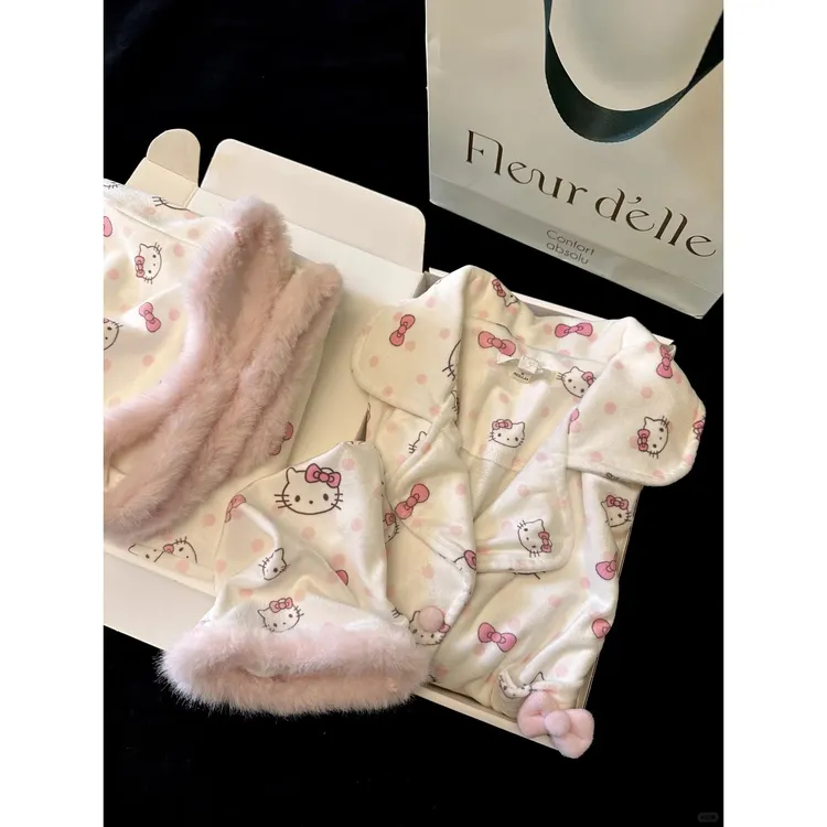【波点kitty猫】2025网红新款甜美德绒睡衣冬加绒套装保暖家居服