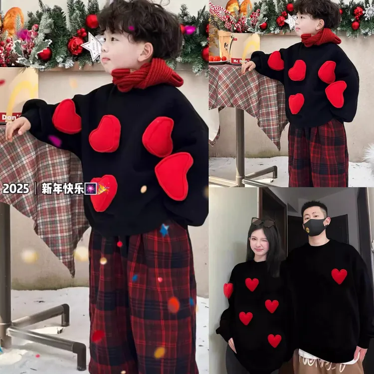 2026新款红色过年爱心球亲子装黑色秋冬季圆领卫衣一家四口全家装