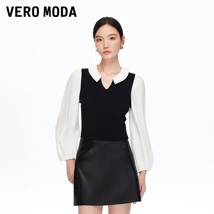 Vero Moda针织【柏拉图】假两件撞色V领七分袖上衣流光风325358003