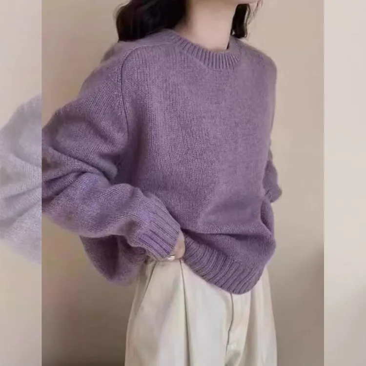 减龄复古温柔风紫色圆领毛衣女秋冬季新款百搭软糯慵懒针织衫上衣