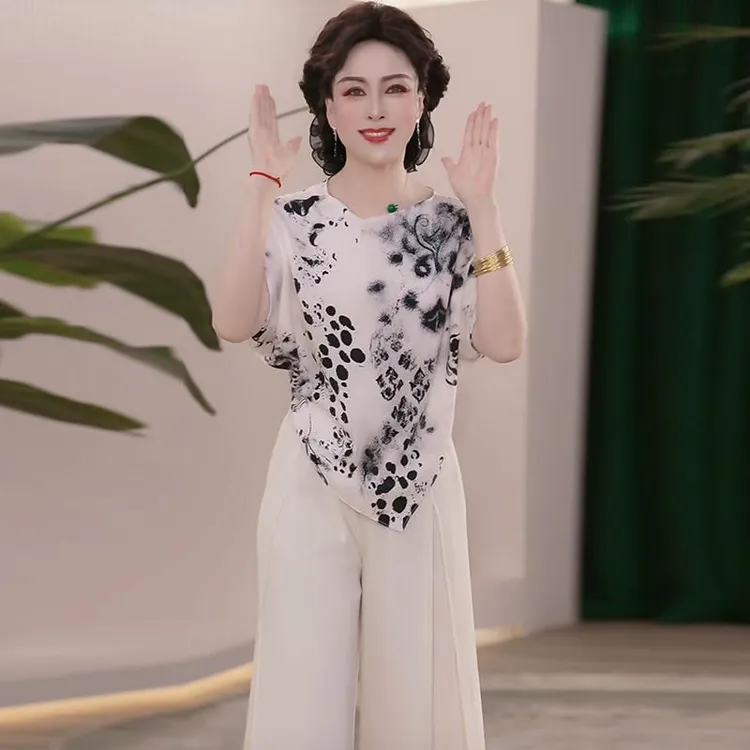 妈妈装夏季新中式时尚国风套装印花女装时尚夏季短袖减龄上衣休闲