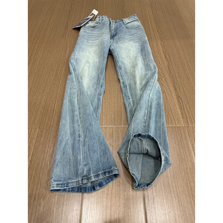 水洗闪电纹牛仔裤男夏季薄款美式复古高街vibe裤子显瘦直筒微喇裤