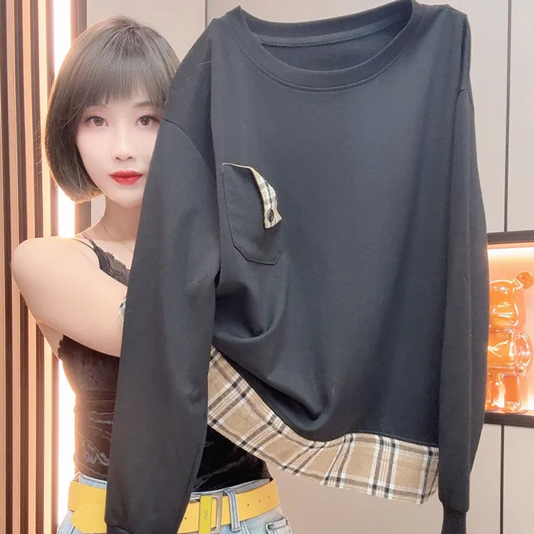 韩系小众女装上衣撞色圆领格纹拼接抽绳大码内搭显瘦宽松T恤长袖