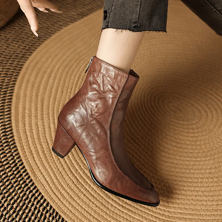 跟高6厘米/水洗羊皮/气质尖头秋冬短靴琥珀流光复古高跟真皮靴子