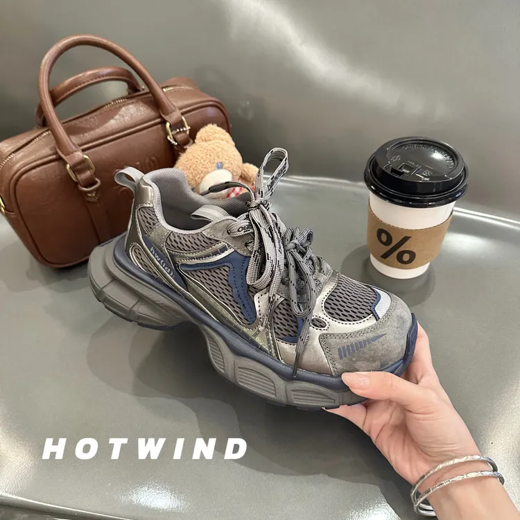 Hotwind/热风同款2025新款四色老爹鞋厚底休闲鞋女百搭增高运动鞋