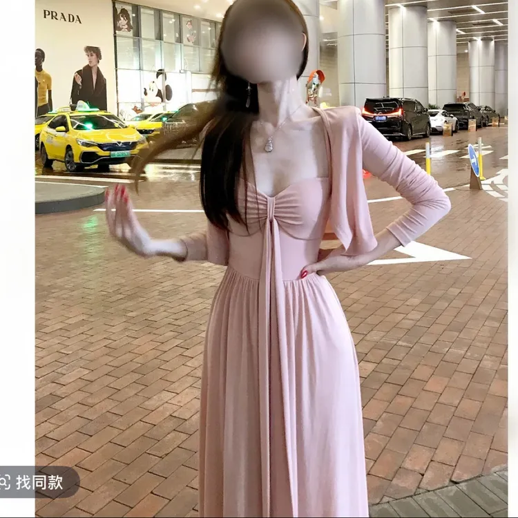 小洋家 新款气质名媛时尚连衣裙套装短款披肩外套收腰大摆吊带裙