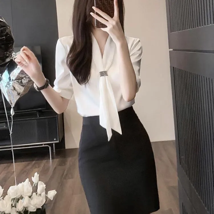 雪纺白色衬衫女设计感小众2025夏季新款韩版时尚洋气短袖职业衬衣