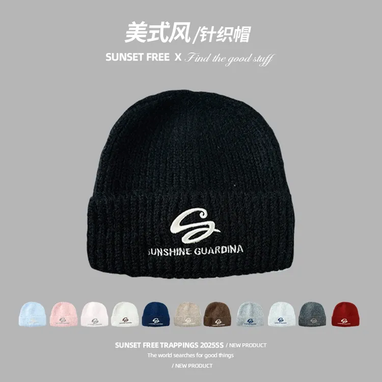 【一只璐甄选】W509 sunset free字母刺绣针织帽秋冬毛线帽包头帽