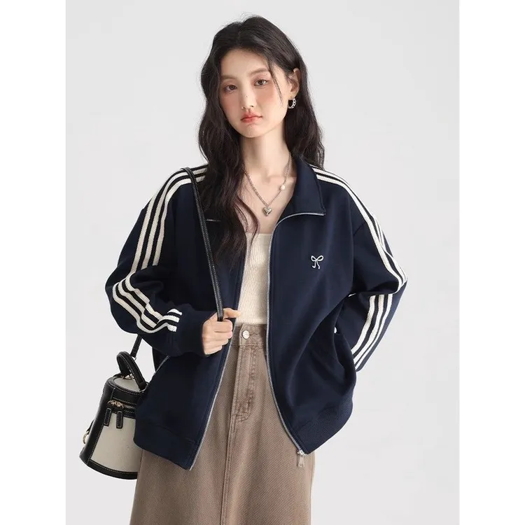 三条杠蝴蝶结卫衣女运动外套秋新款藏青色薄款开衫拉链上衣