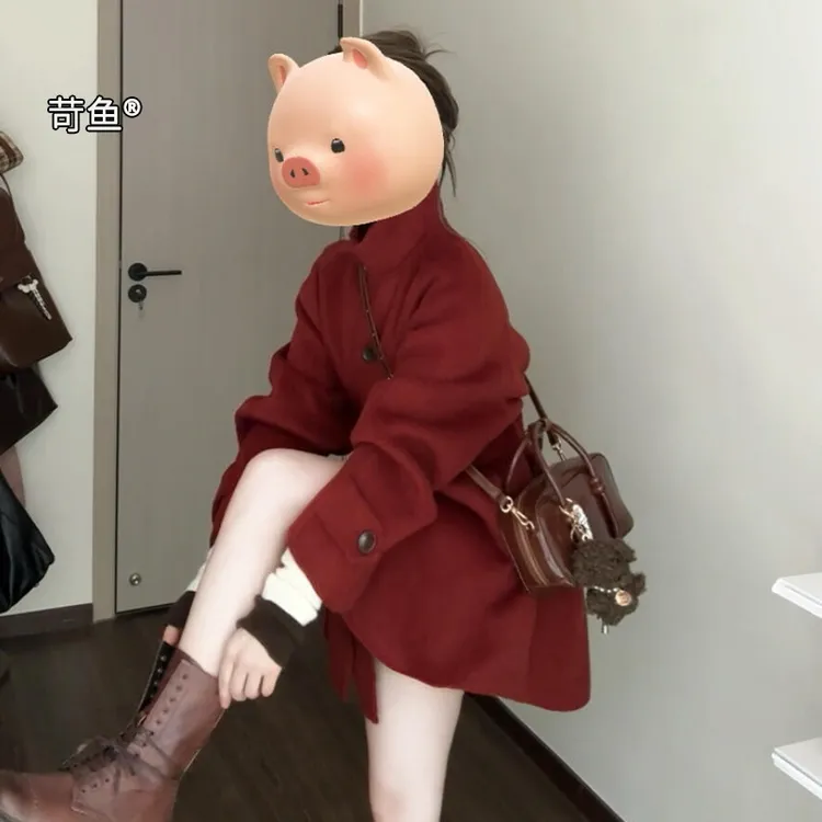 苛鱼冬季毛呢外套女款高级红色小个子高级感斗篷呢子大衣女外套