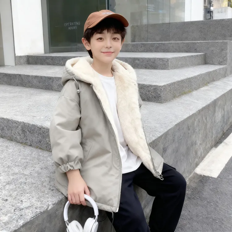 两面穿连帽加厚一体外套 冬季加绒保暖