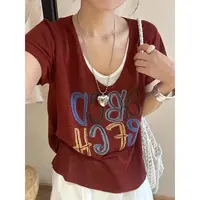 /ABCD-安克拉红/字母提花拼色假两件宽松套头短袖针织衫上衣93272
