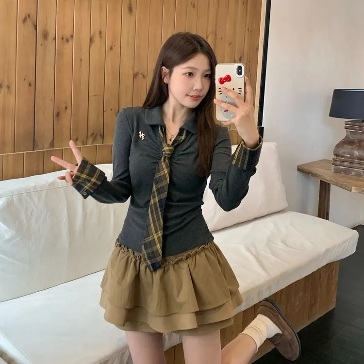 复古学院风时尚套装女2025秋季新款韩系翻领收腰上衣蛋糕裙两件套