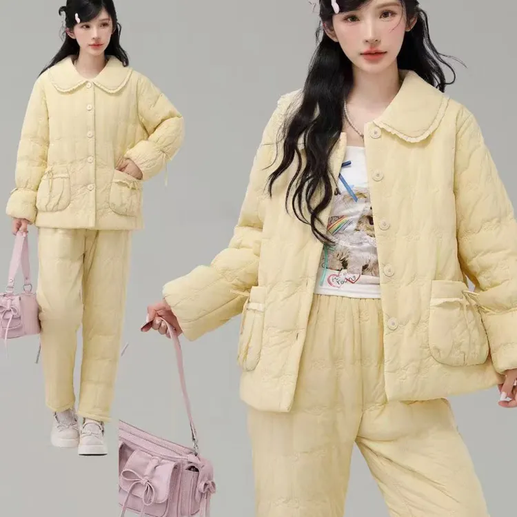 韩琦路腾色冬季加厚睡衣三层夹棉加绒保暖家居服可外穿