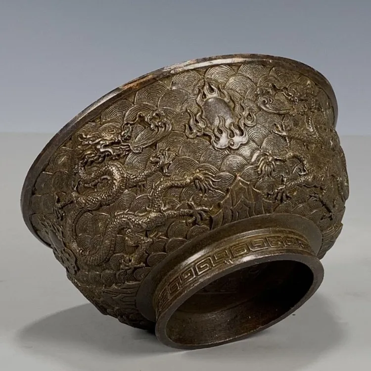 农村老物件 民间藏品河床捡漏 包浆九龙碗浮雕聚宝盆回流双龙摆件