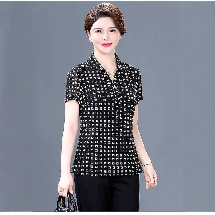 锦依罗台湾网纱夏季短袖中老年女装修身速干薄款翻领上衣时尚洋气