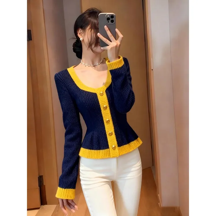 2025秋季高级感超好看独特别致绝美软糯慵懒风韩系撞色针织开衫女