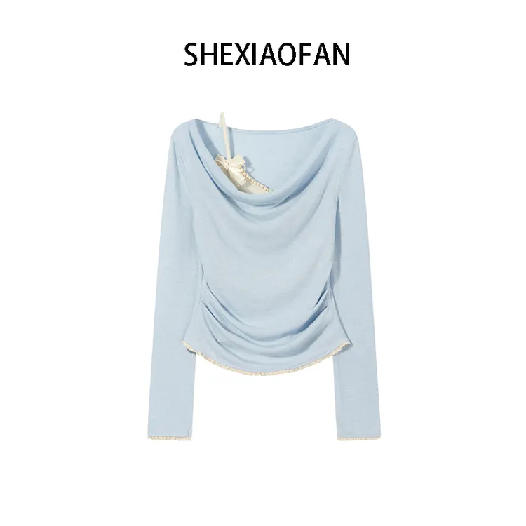 2025年春夏新款假两件上衣女设计感纯欲立体花朵拼接露肩荡领t恤