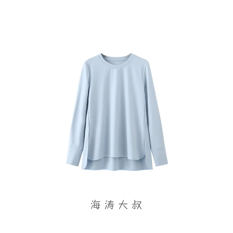 【海涛大叔】「梨形救星」衬衣袖宽松廓形开叉圆领打底长袖衫
