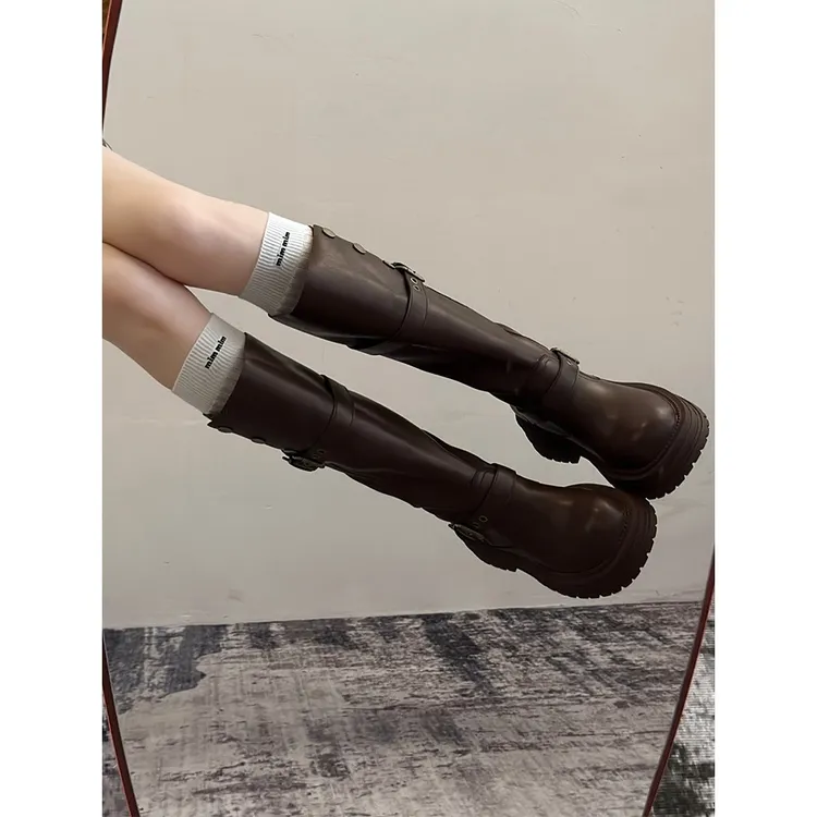 不过膝长筒靴子女款小个子秋冬女靴厚底中筒马丁靴高筒骑士瘦瘦靴