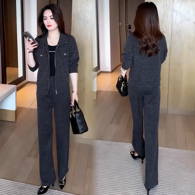 时尚套装女2025春季新款洋气减龄百搭拉链开衫外套阔腿裤两件套潮