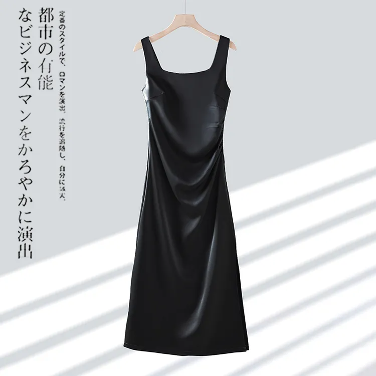 醋酸缎面吊带连衣裙女新款夏季法式名媛高级感婚庆气质黑色背心裙