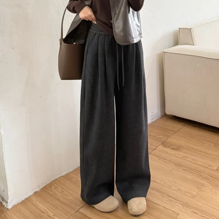 大妍小个子冬季新款百搭显瘦纯色松紧腰羊毛加厚保暖休闲长裤9359