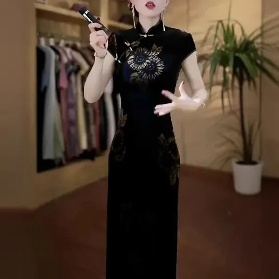 夏高端时尚复古中国风改良旗袍印花长裙女气质收腰显瘦优雅连衣裙