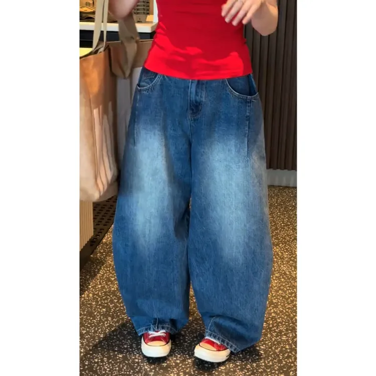 艾塔莉显瘦美式宽松牛仔裤女春夏新款时尚弯刀裤遮肉阔腿裤小个子