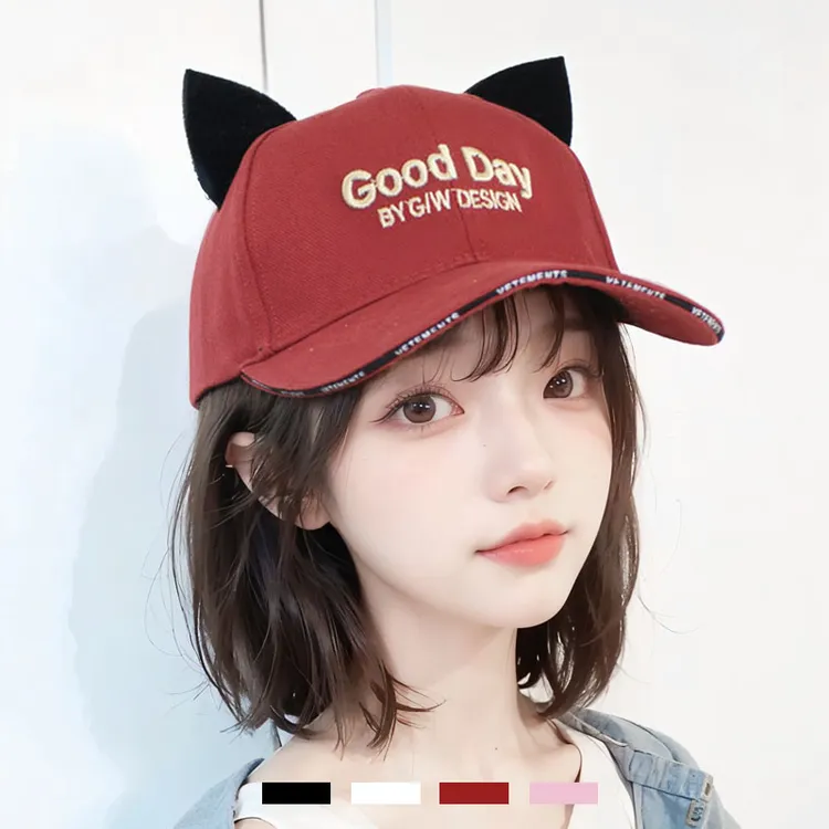 可爱二次元甜妹帽子猫耳朵刺绣棒球帽子女春夏秋夏百搭遮阳鸭舌帽