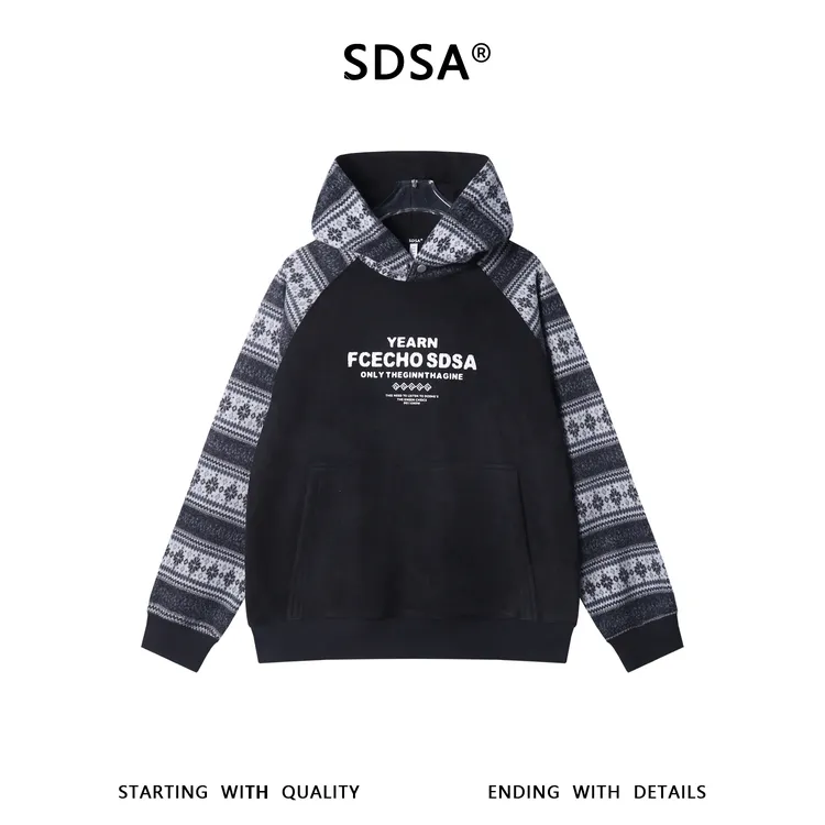 SDSA男士秋冬新款痞帅男装美式拼接趣味条纹印花字母连帽卫衣百搭