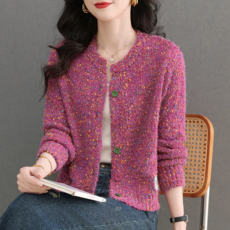 超好看彩点花色粗线针织开衫女春秋装新款圆领小香风毛衣外套上衣