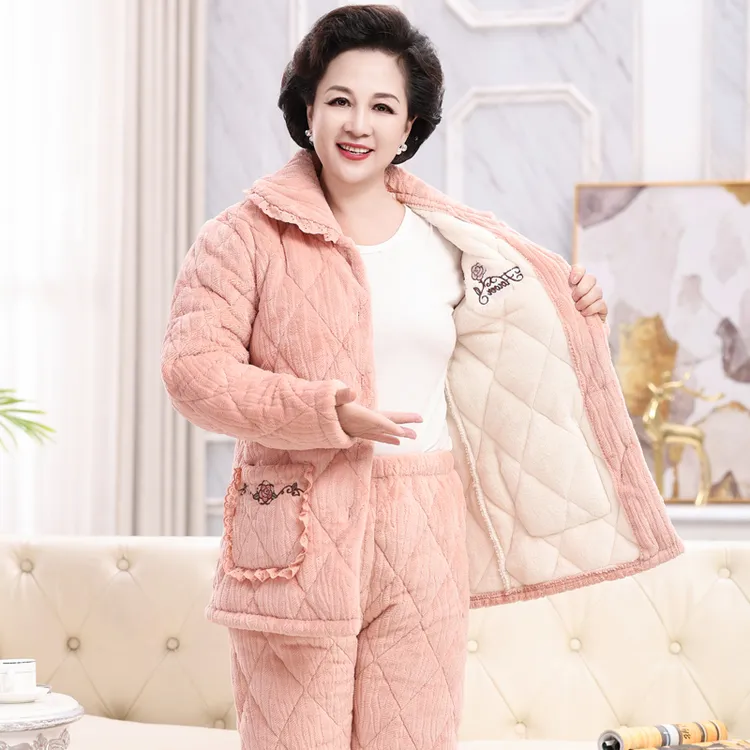 中老年妈妈款睡衣女秋冬季珊瑚绒加绒加厚三层夹棉保暖家居服套装