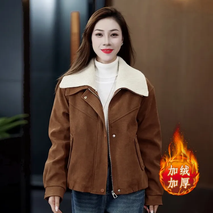 拉夏贝尔加绒加厚短外套女秋冬季2025新款时髦大翻领百搭保暖上衣