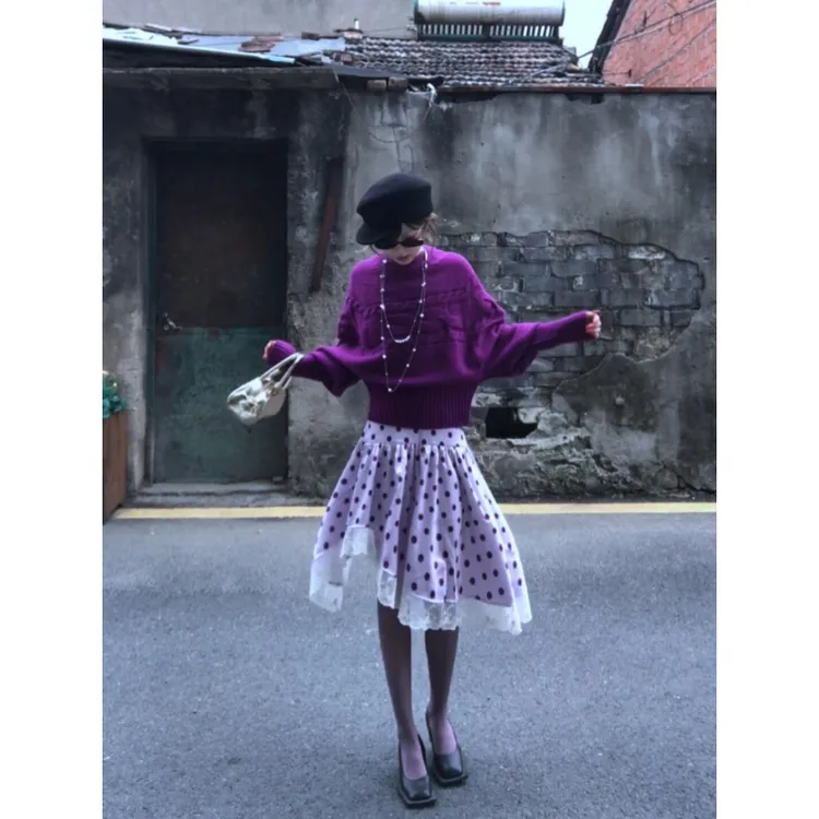 MARIE.COCO秋冬新款紫色高领套头蝙蝠袖麻花毛衣不规则波点半身裙