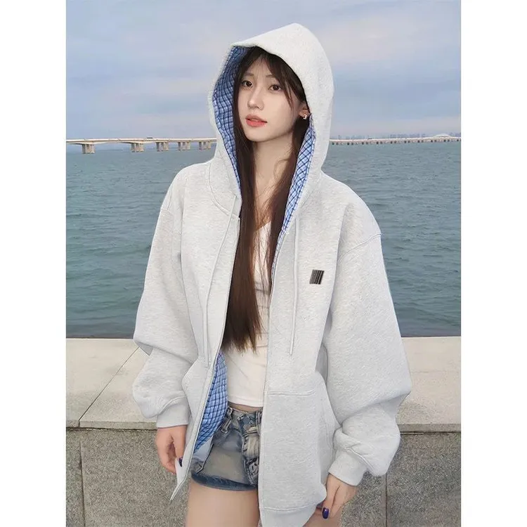 巨好看的早秋格纹连帽卫衣外套男女2025秋冬新款情侣休闲宽松开衫