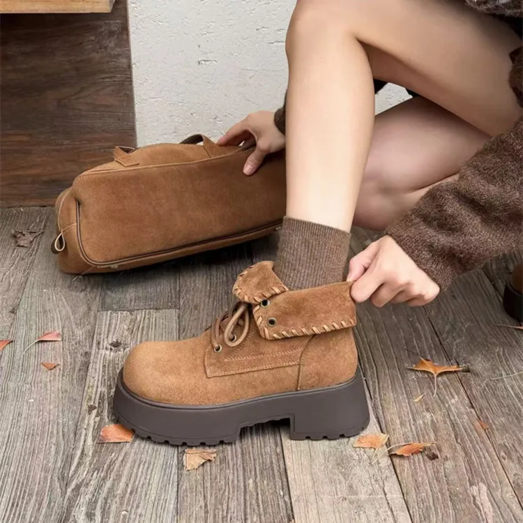 复古磨砂绒两穿小众翻盖欧美风马丁靴2025年秋冬超火新款百搭短靴