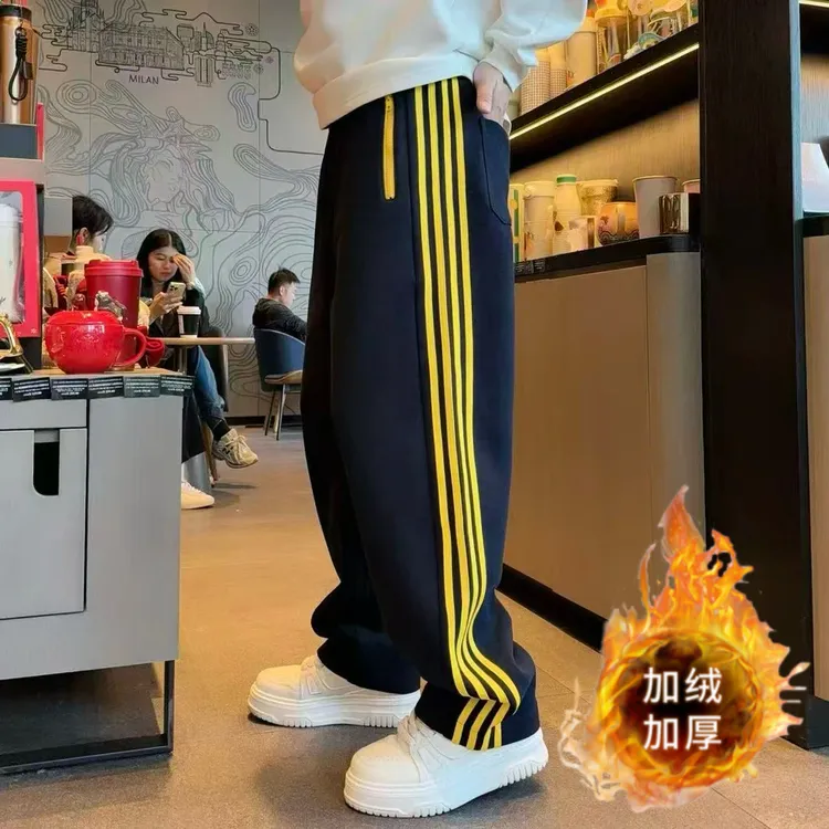 冬季新款加绒加厚四道杠男女同款时尚潮流直筒百搭休闲裤