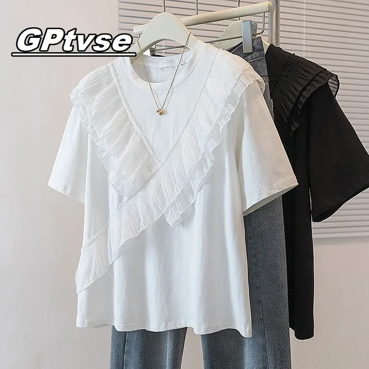GPTVSE女夏装荷叶边拼接设计感胖MM显瘦宽松休闲上衣短袖t恤潮牌