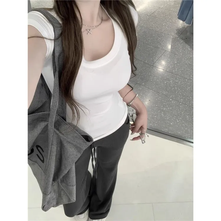 美式辣妹潮酷显白U领短袖t恤女夏季纯欲掐腰修身显瘦收腰上衣体恤