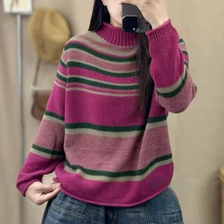 巨好看半高领时尚针织衫加厚保暖慵懒条纹长袖秋冬女复古宽松毛衣