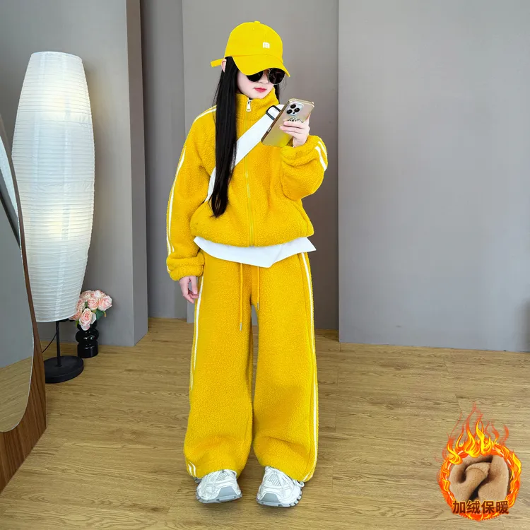 女童2025新款儿童韩版加绒休闲运动款外套时尚裤子秋冬季套装潮酷