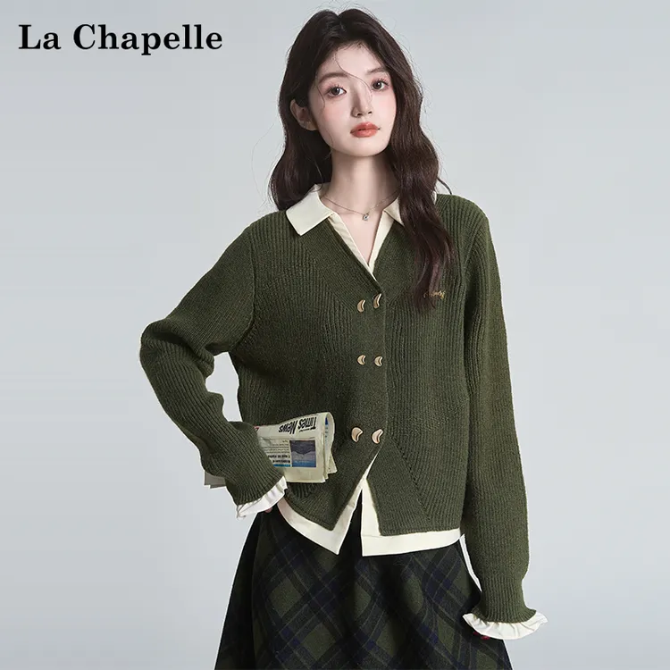 拉夏贝尔学院风翻领假两件长袖开衫女2025春秋新款衬衫领上衣潮