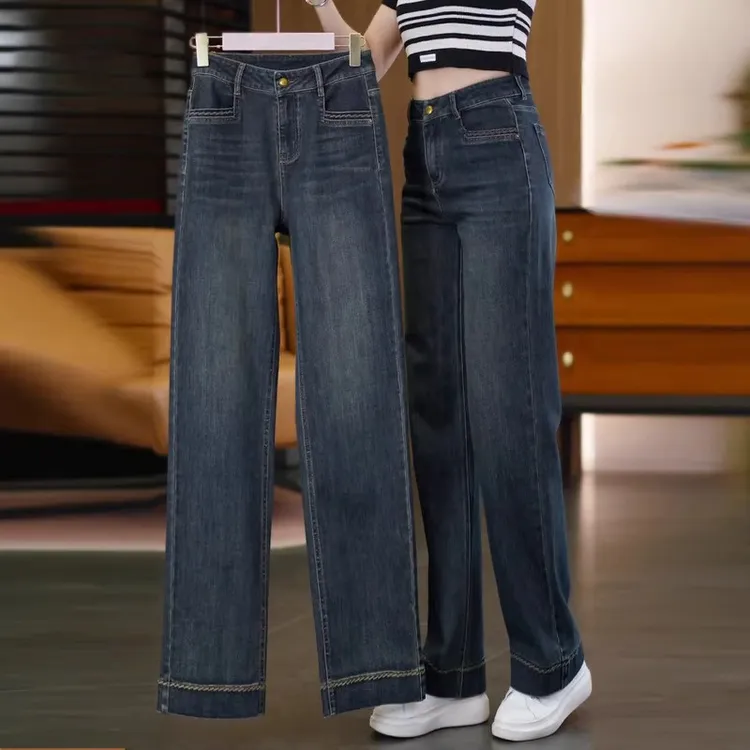秋冬季加绒直筒牛仔裤女2025新款今年流行爆款高腰休闲窄版阔腿裤