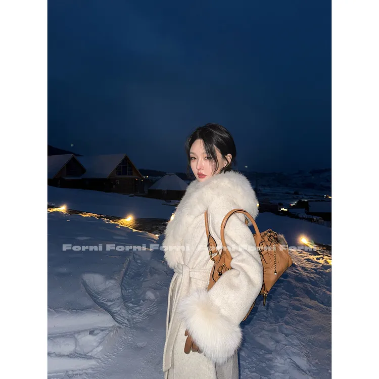 FORNI 珍珠大衣 奢贵千金风羊驼毛羊毛手工双面呢狐狸毛领大衣