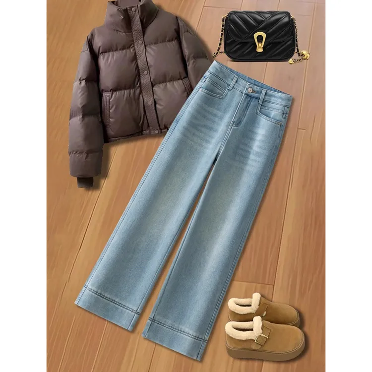 拉夏贝尔阔腿牛仔裤女2025秋冬季加绒高腰显瘦宽松窄版九分直筒裤