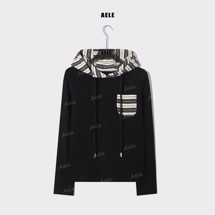 AELE黑色条纹帽兜女上衣撞色口袋修身显瘦长袖卫衣 V855 5082 AD