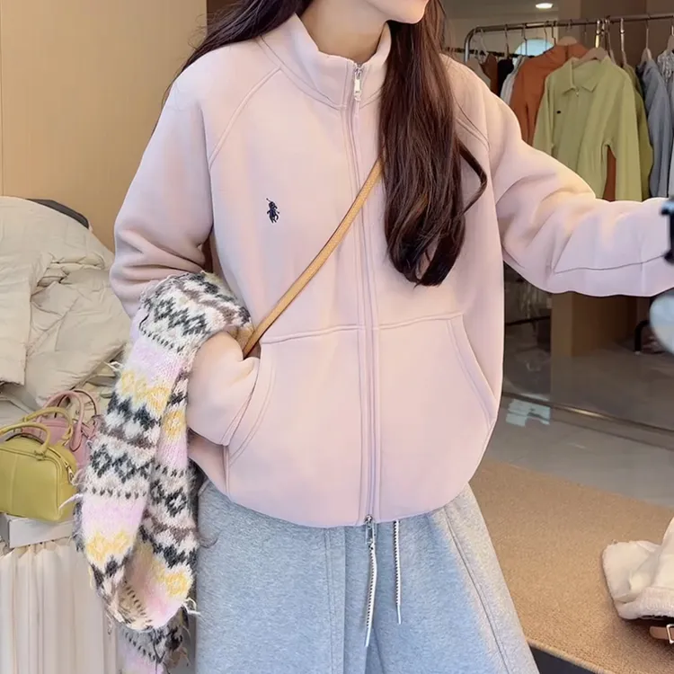 2025秋冬新款加绒加厚立领拉链刺绣极简风保暖卫衣女LK2507273