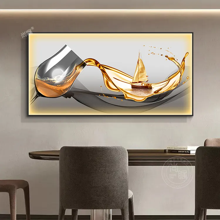 轻奢酒杯餐厅装饰画创意发光饭厅墙壁画led横版客厅背景墙灯画